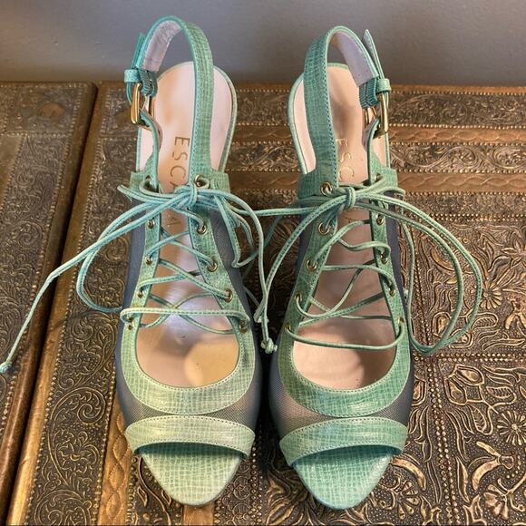 Escada Heals shoes size 6 open toe lace up Coquette tortoise pastel mint NEW - Picture 1 of 10